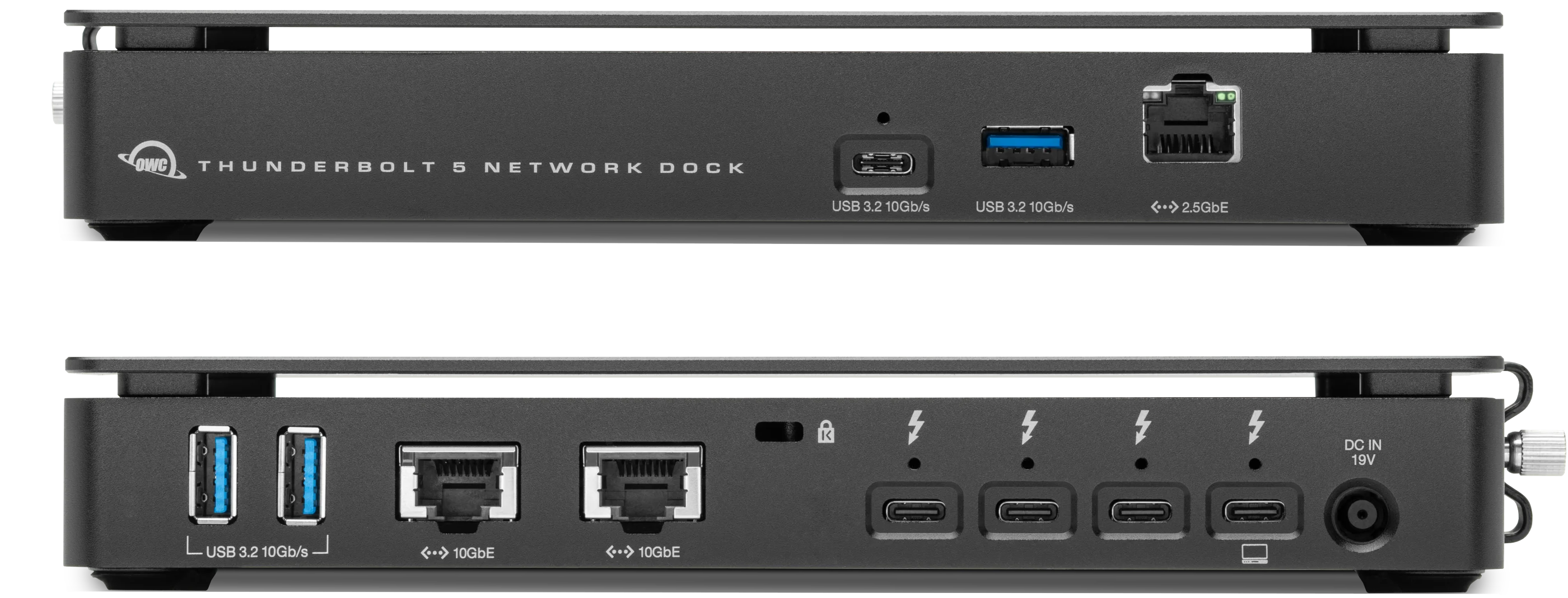 图 2. 该扩展坞后面的两个 RJ45 网口采用 Marvell 原厂物料,集成网络变压器,看上去很精美。同时还有一路雷电 5 上行,三路雷电 5 下行。