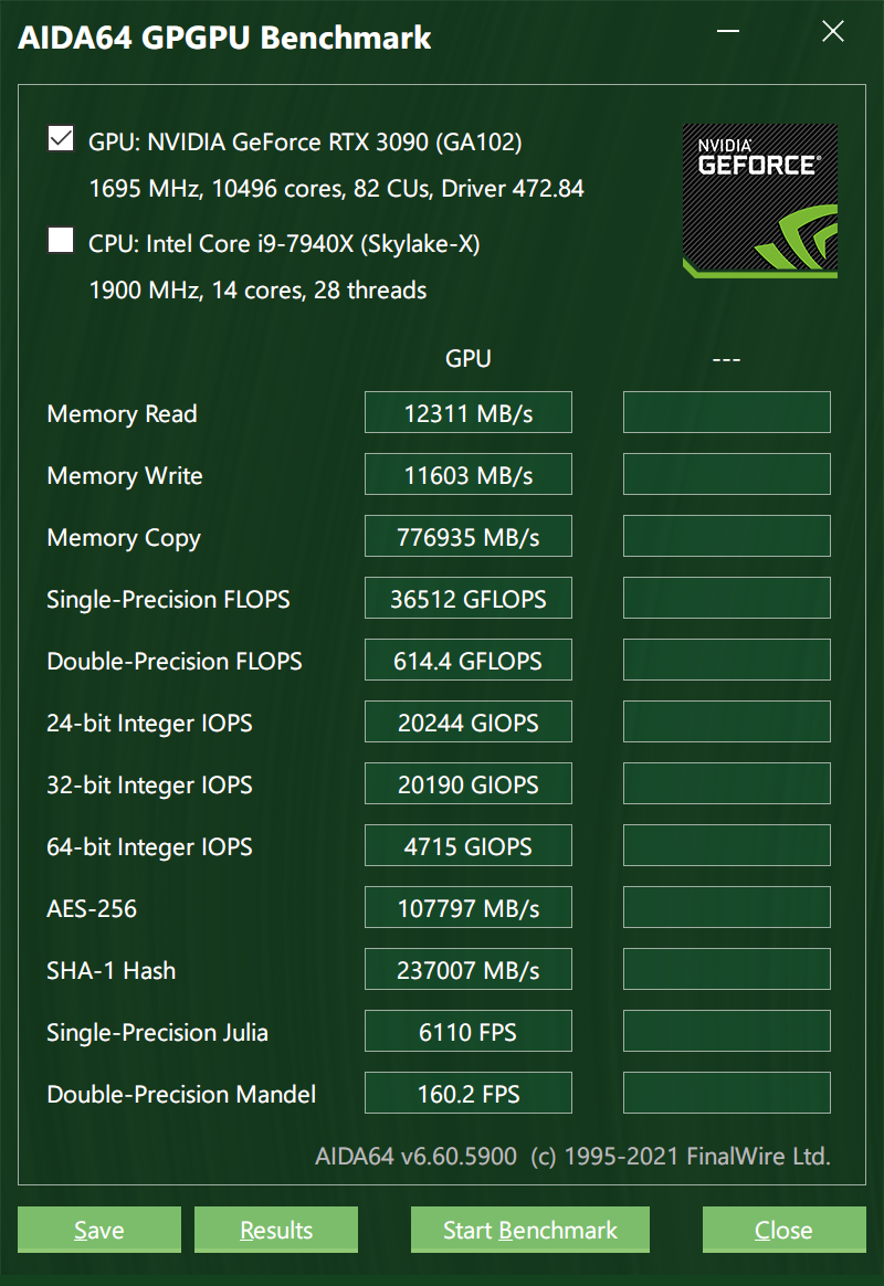 图 5. AIDA64 GPGPU 在 PCie 3.0 x16 通道数量下的测试截图。