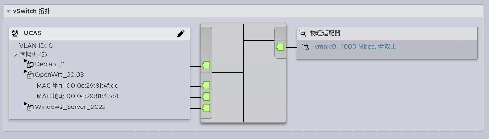 图 2. OpenWrt 接入了两个虚拟网卡。UCAS 我们学校的英文缩写，这里用来指校园网。