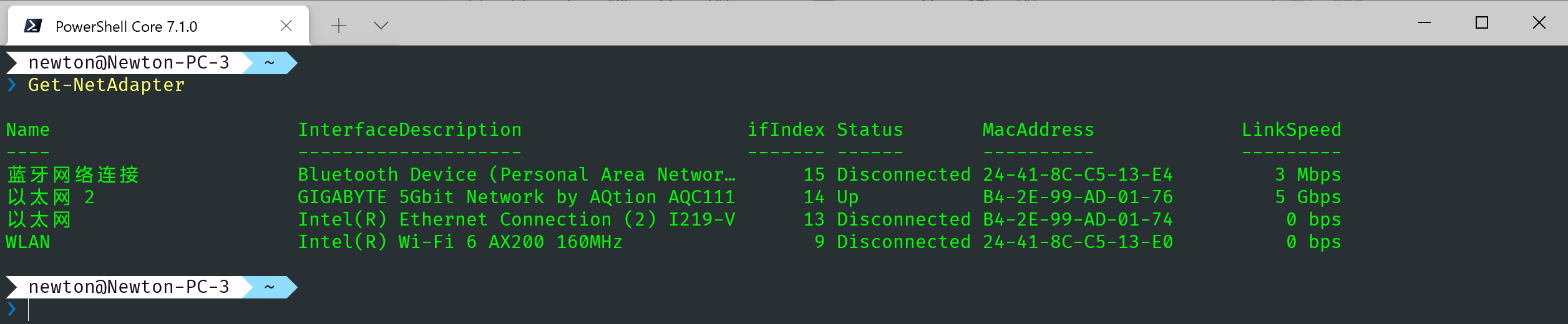 图 4. Get-NetAdapter 命令，打印出当前的网络接口。