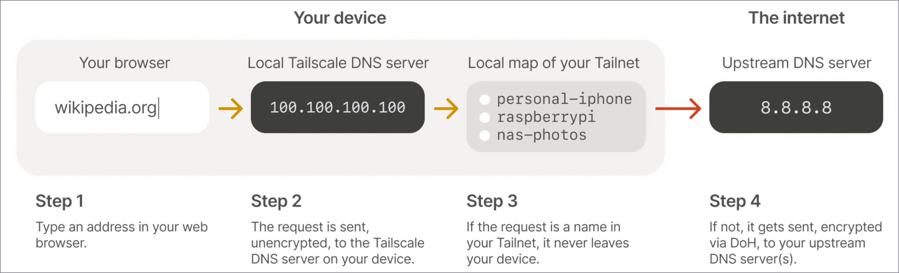 图 6. MagicDNS 运作原理，基于 100.100.100.100 本地 Tailscale DNS 服务器。以上游 8.8.8.8 作为回落地址。