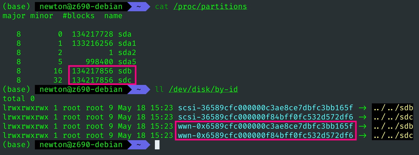 图 2. 在 Debian 12 客户端挂载 iSCSI 目标之后，查看系统里硬盘的详细信息。可以发现 wwn 号与 TrueNAS 服务端的 Extent NAA 号严格对应。