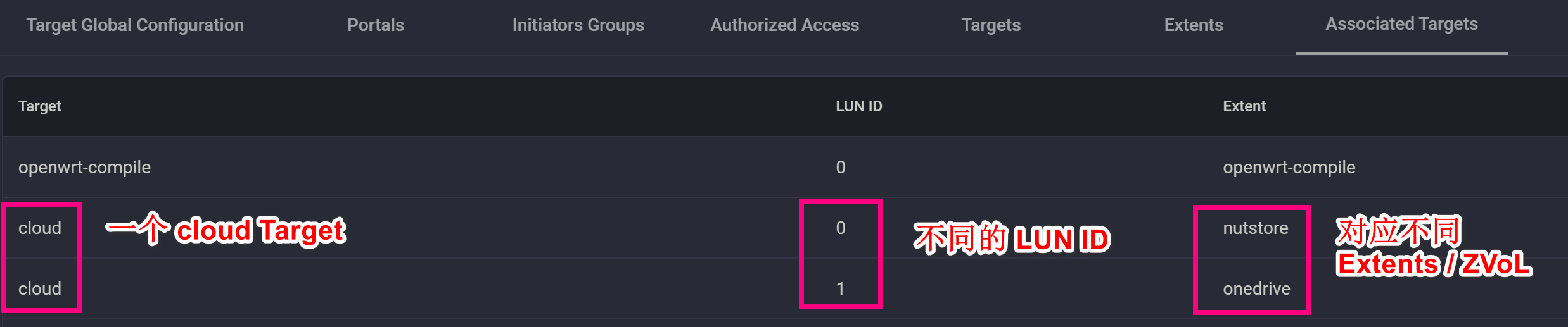 图 4. 在 TrueNAS 上查看关联关系，可以发现一个 Target 后面可以挂多个 Extent LUN 实例。